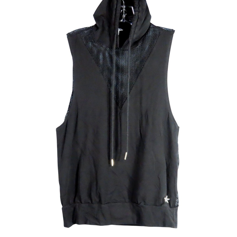 REBEL ATHLETIC Black Knit/Mesh SLEEVELESS HOODIE TOP Sheer Back Cheer AS ADULT S